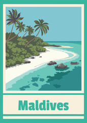 Tropical paradise poster with palm trees and sand beach maldives vector illustration