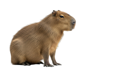 Isolated capybara calmly sits alone against simple studio backdrop with gentle light and smooth fur.