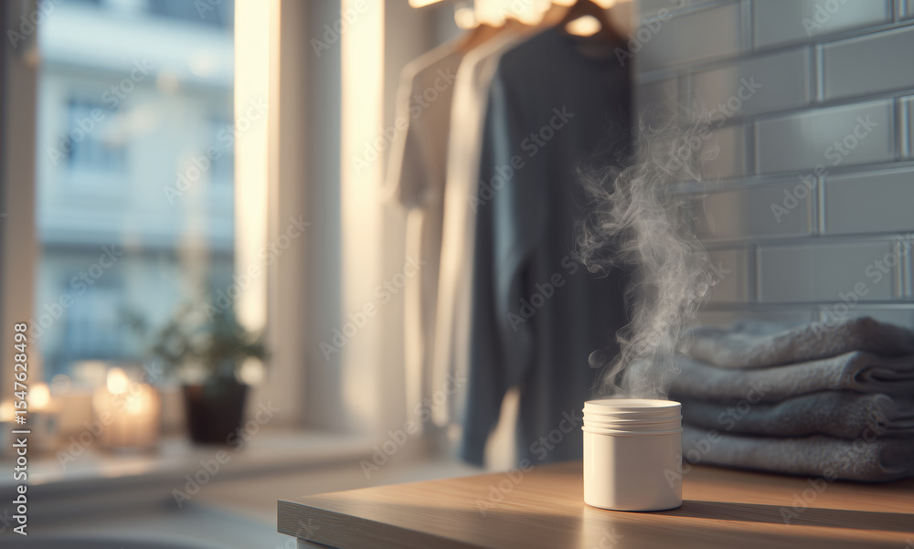 Poster a white capsule emits steam on a wooden table, surrounded by neatly folded clothes and candlelight. 