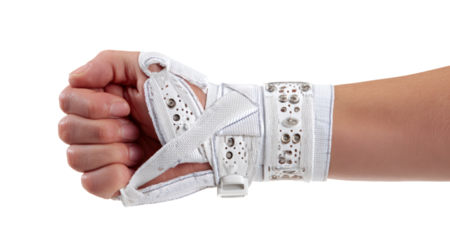 A hand in a white medical wrist brace, showcasing the supportive design for recovery.