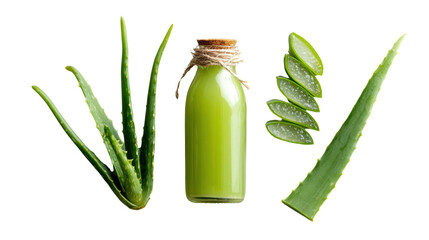 Aloe vera leaves and juice bottle, vibrant green color, isolated on white background.
