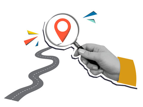 A person look through magnifying glass on a red location pin in the end of winding road. Modern collage style. Illustration on transparent background