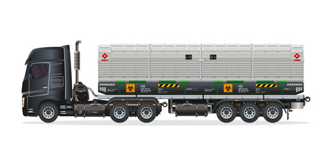Heavy Truck containers filled with toxic waste, radioactive biological hazard vector illustration