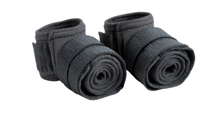 Black training wraps for athlete's wrists, isolated on white background.