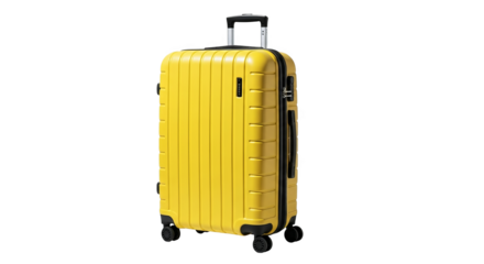 Vibrant yellow hard-shell suitcase with wheels ready for travel, symbolizing vacation and adventure.