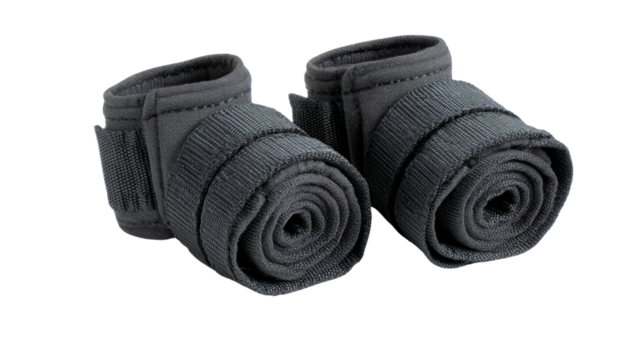 Black training wraps for athlete's wrists, isolated on white background.