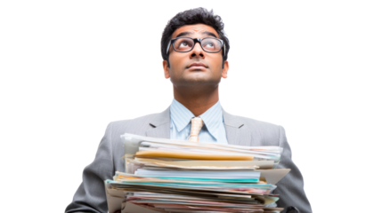Businessman with documents looking upwards, isolated on white background.