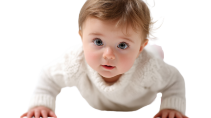 Candid shot of a baby with blue eyes in a white sweater, looking curiously at the camera.
