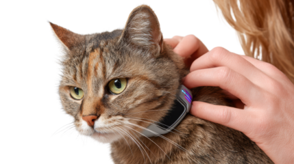 Cat receiving affection with a modern collar, isolated on a white background.