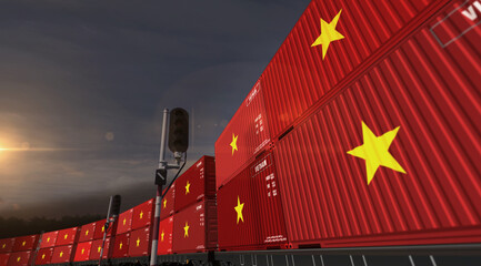 Vietnam export containers on cargo train wagons illustration