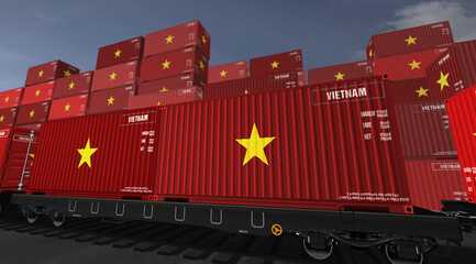 Vietnam export containers on cargo train wagons illustration