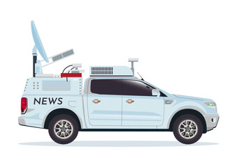 Double cabin pickup car satellite transmission broadcasting vehicle vector illustration
