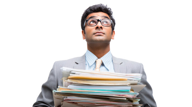 Businessman with documents looking upwards, isolated on white background.
