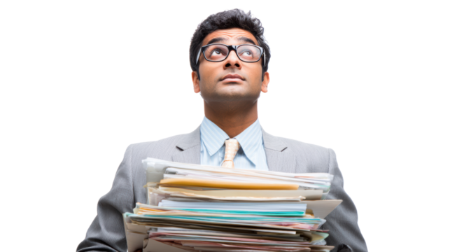 Businessman with documents looking upwards, isolated on white background.