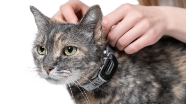 Close-up of a cat being fitted with an electronic collar on a white isolated background.