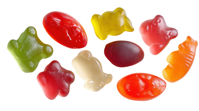 Colorful gummy candies in various shapes displayed on a white isolated background.
