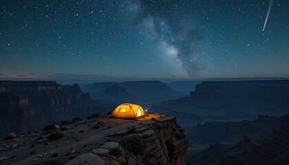  An illuminated tent perched at the edge of a canyon ridge, with deep shadows cascading into the void below. The stars above shine like crystals, and a single shooting star streaks across the sky.