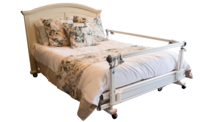 Comfortable hospital bed with elegant bedding, perfect for healthcare or home care settings, isolated on a white background.