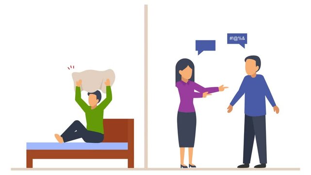 Neighbour during quarrel and unhappy sleepless man animation,  Couple Talking Aggressively and next door person cant sleep animated video, neighbourhood conflicts Clip, bad neighbors motion graphics