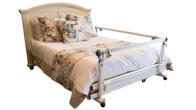 Comfortable hospital bed with elegant bedding, perfect for healthcare or home care settings, isolated on a white background.