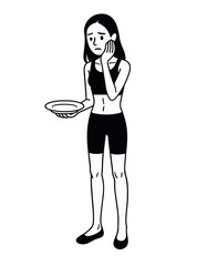  sad-looking woman wearing a sports bra and shorts, holding an empty plate, anorexia, body image anxiety, and eating disorders, Black and white vector illustration