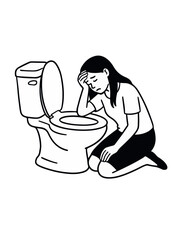 bulimia woman near toilet bowl in bathroom, psychological problem, Black and white vector illustration