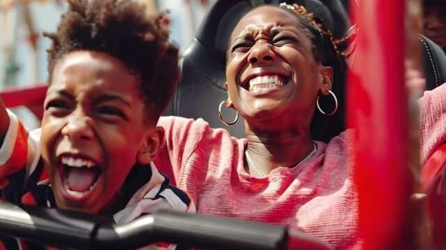 african american mother and her son are joyfully screaming out loud on the roller coaster during emocionating ride; concept of summer activity, quality time together, amusement park