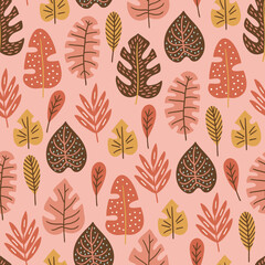 Jungle seamless pattern with monstera and palm leaves on pink background. Perfect for wallpaper, gift paper, summer greeting cards. Vector hand drawn child illustration