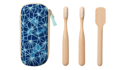 Eco-friendly travel set with bamboo toothbrushes and case, white isolated background.