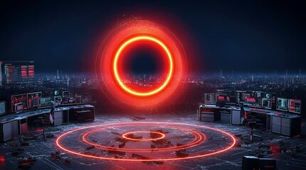 A futuristic command center with multiple computer screens and desks surrounding a large, glowing orange circular portal. - Powered by Adobe