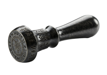 A dark metallic stamp with ancient symbols and a handle