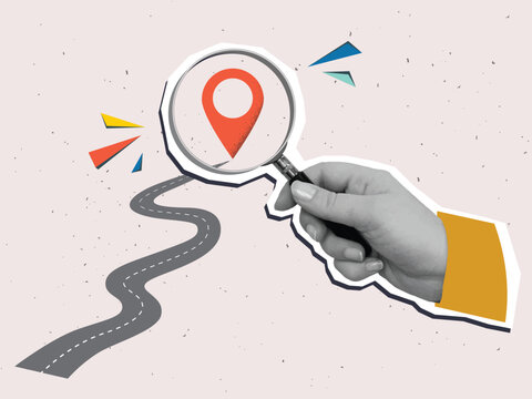 A person look through magnifying glass on a red location pin in the end of winding road. Modern collage style. Vector illustration