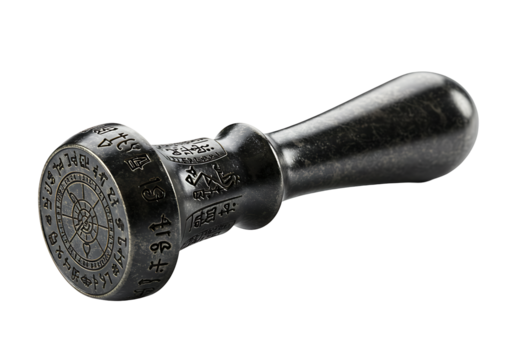 A dark metallic stamp with ancient symbols and a handle