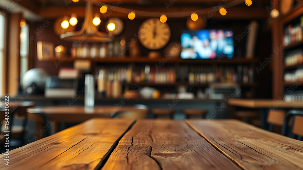 Poster empty wooden table rustic and blurred background of bar or pub for product display high quality phot