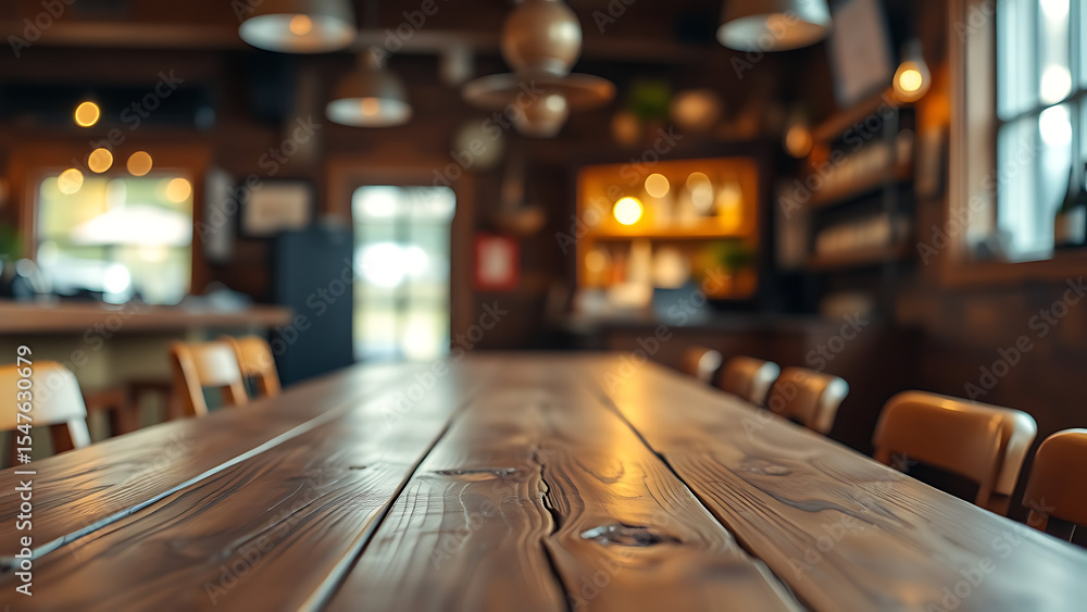 Poster empty wooden table rustic and blurred background of bar or pub for product display high quality phot