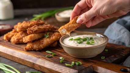 Hand dipping a fried chicken strip into sauce on a wooden board