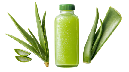 Fresh aloe vera juice in a green bottle with aloe leaves, healthy drink isolated on white background.
