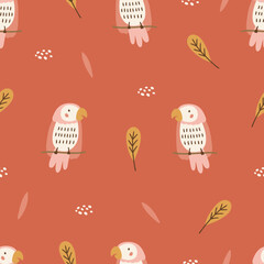 Jungle seamless pattern with parrots and tropical leaves on orange background. Perfect for wallpaper, gift paper, summer greeting cards. Vector hand drawn child illustration