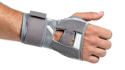 Hand wearing a gray orthopedic wrist support brace on a white isolated background.