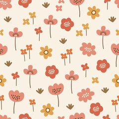 Seamless pattern with different flowers on white background. Perfect for wallpaper, gift paper, summer greeting cards. Vector hand drawn child illustration