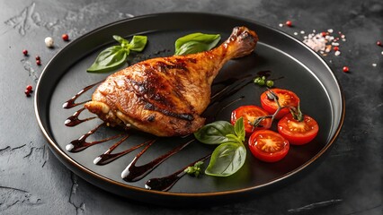 Roasted chicken leg quarter served on a black plate with tomatoes basil and sauce