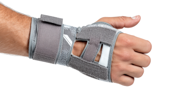 Hand wearing a gray orthopedic wrist support brace on a white isolated background.