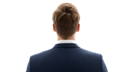 Male in suit, viewed from behind, neutral expression, professional look, suitable for corporate contexts