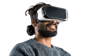 Person enjoying immersive virtual reality experience with VR headset, white isolated background.