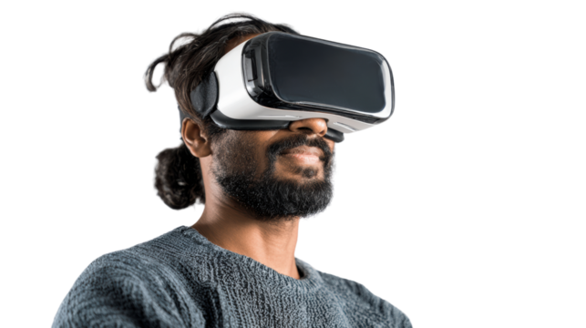 Person enjoying immersive virtual reality experience with VR headset, white isolated background.