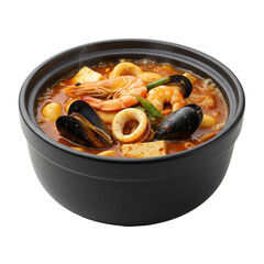 A steaming bowl of seafood soup with shrimp, mussels, and tofu, set against a plain background