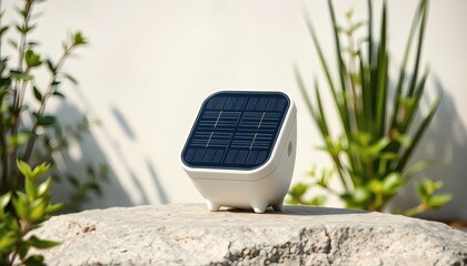 Modern Solar Panel on Boulder Rock with Plants in Natural Outdoor