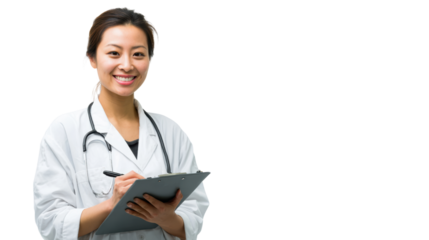Smiling doctor holding a clipboard, wearing a white coat, isolated on a white background.