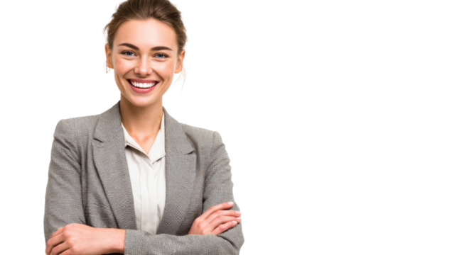 Smiling businesswoman in a suit with arms crossed, isolated on white background.