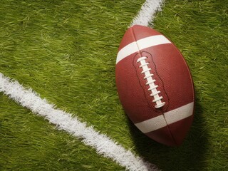 American football ball resting on vibrant green field by yard line marker